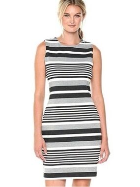 Calvin Klein Collection Black and White Striped Midi Sheath Dress